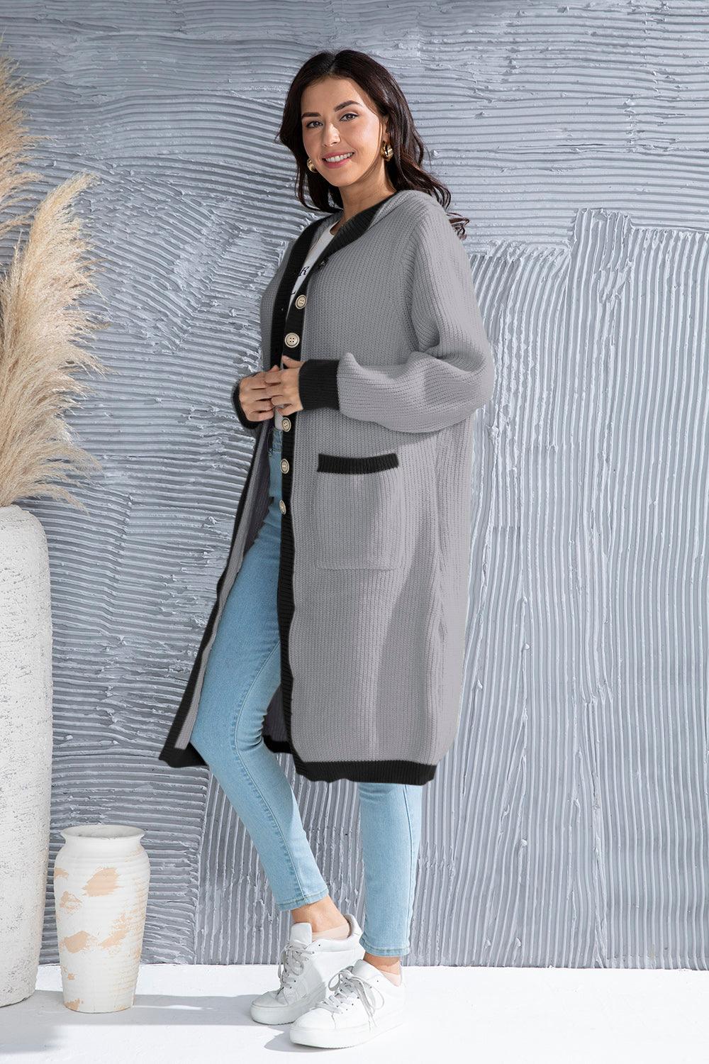 Button Up Contrast Trim Hooded Cardigan Carauana Store