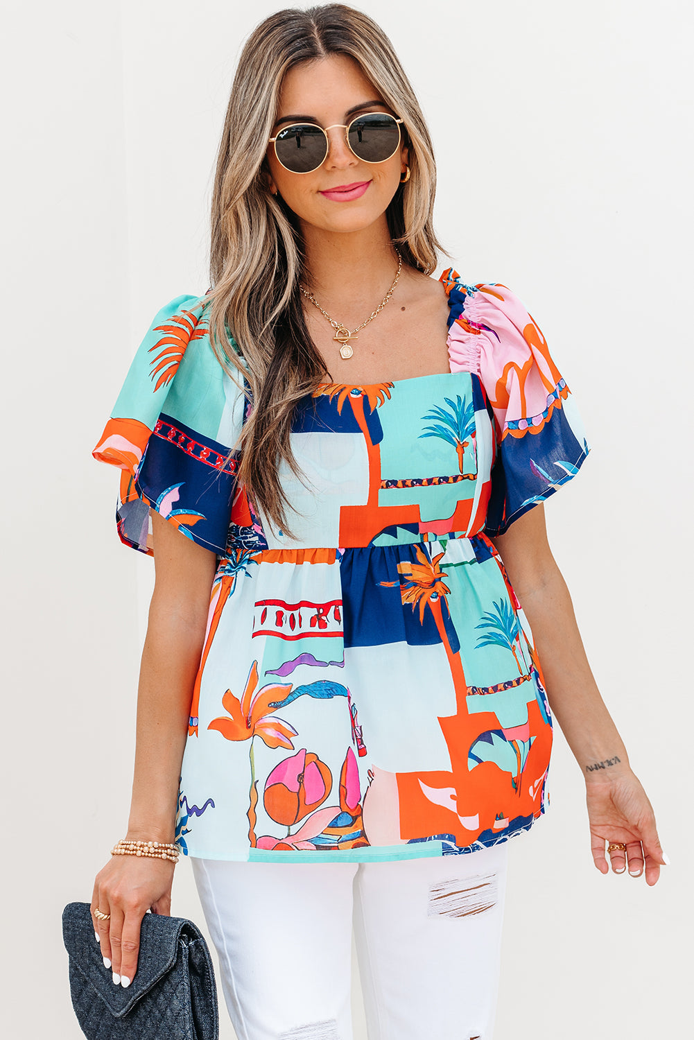 Sky Blue Tropical Printed Square Neck Flutter Sleeve Babydoll Blouse