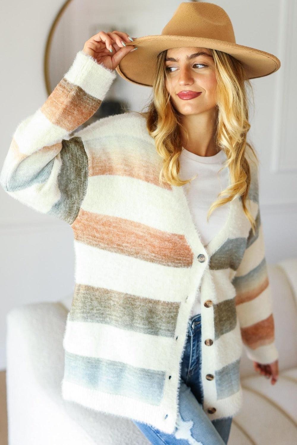 Haptics Full Size Button Down Stripe Soft Fuzzy Sweater Cardigan Carauana Store