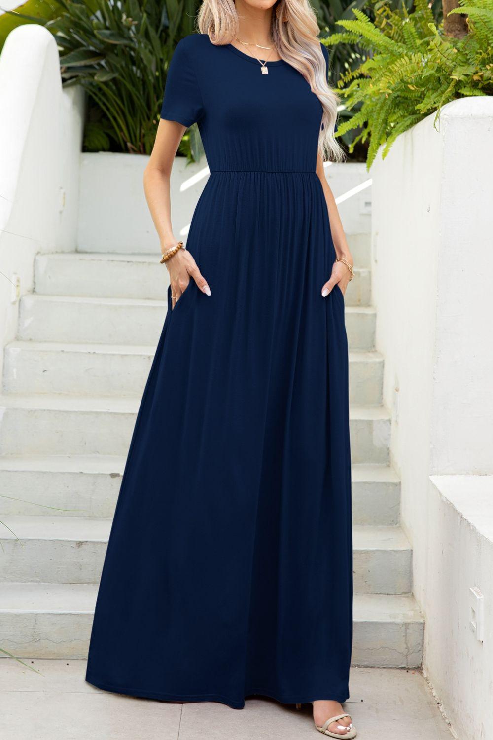 Round Neck Maxi Tee Dress with Pockets Carauana Store