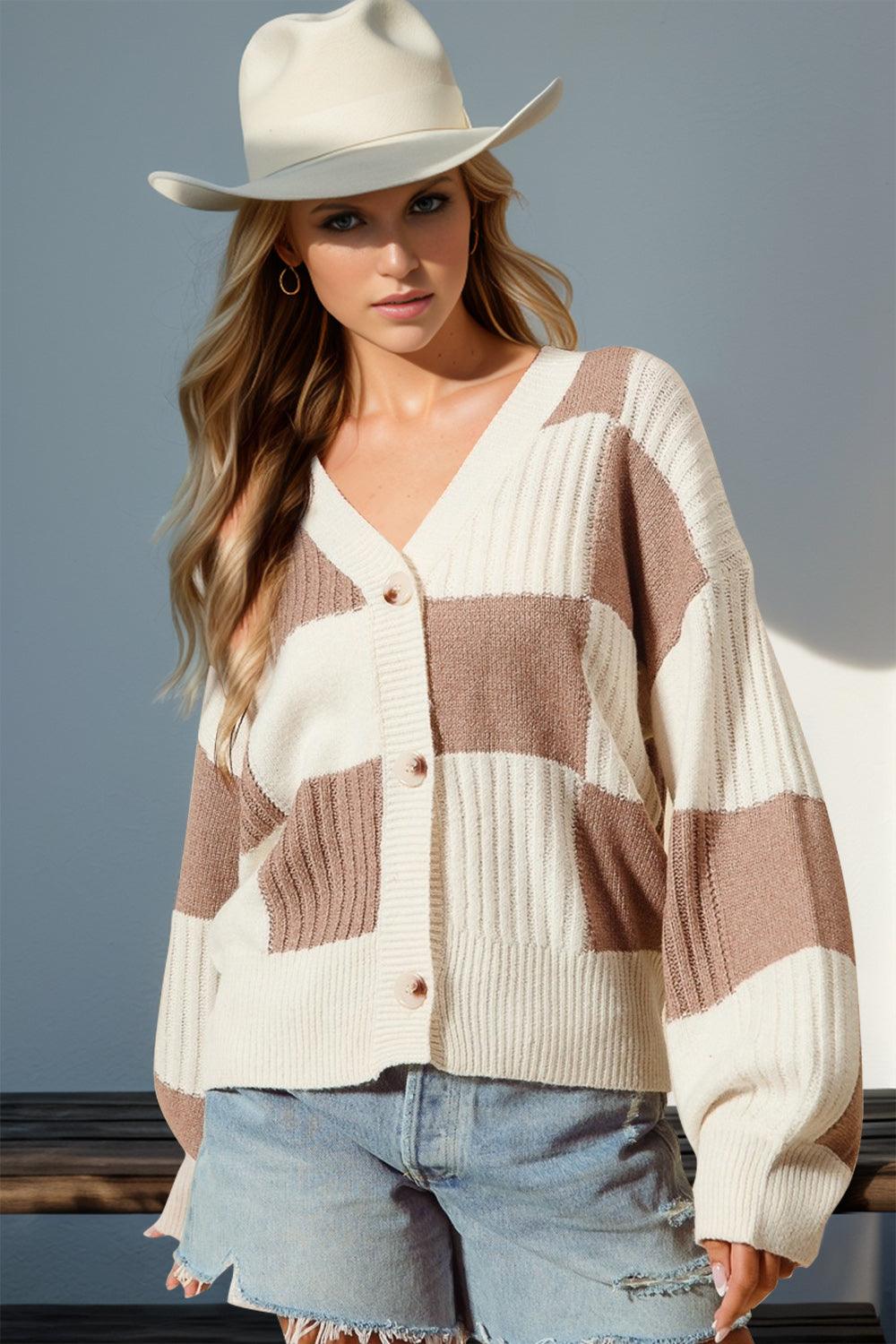 Double Take Full Size Checkered Dropped Shoulder Cardigan Carauana Store