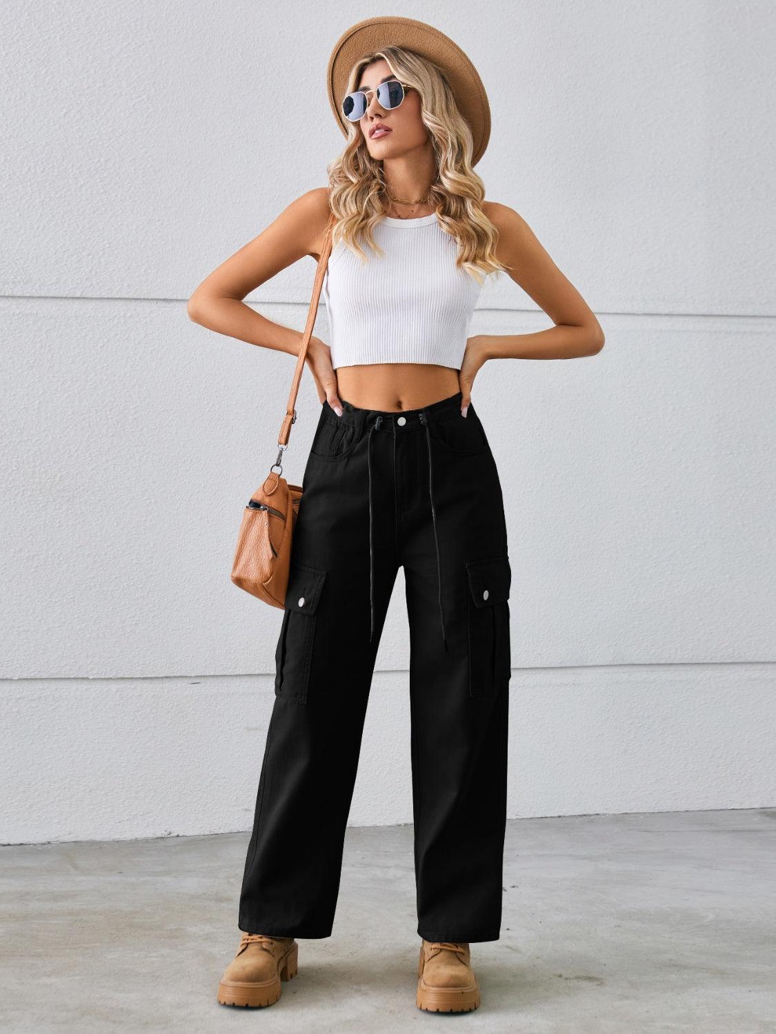 Drawstring Mid-Rise Waist Straight Cargo Jeans Carauana Store