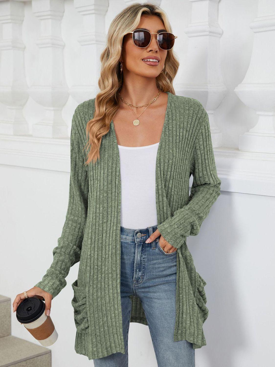 Pocketed Open Front Long Sleeve Cardigan Carauana Store