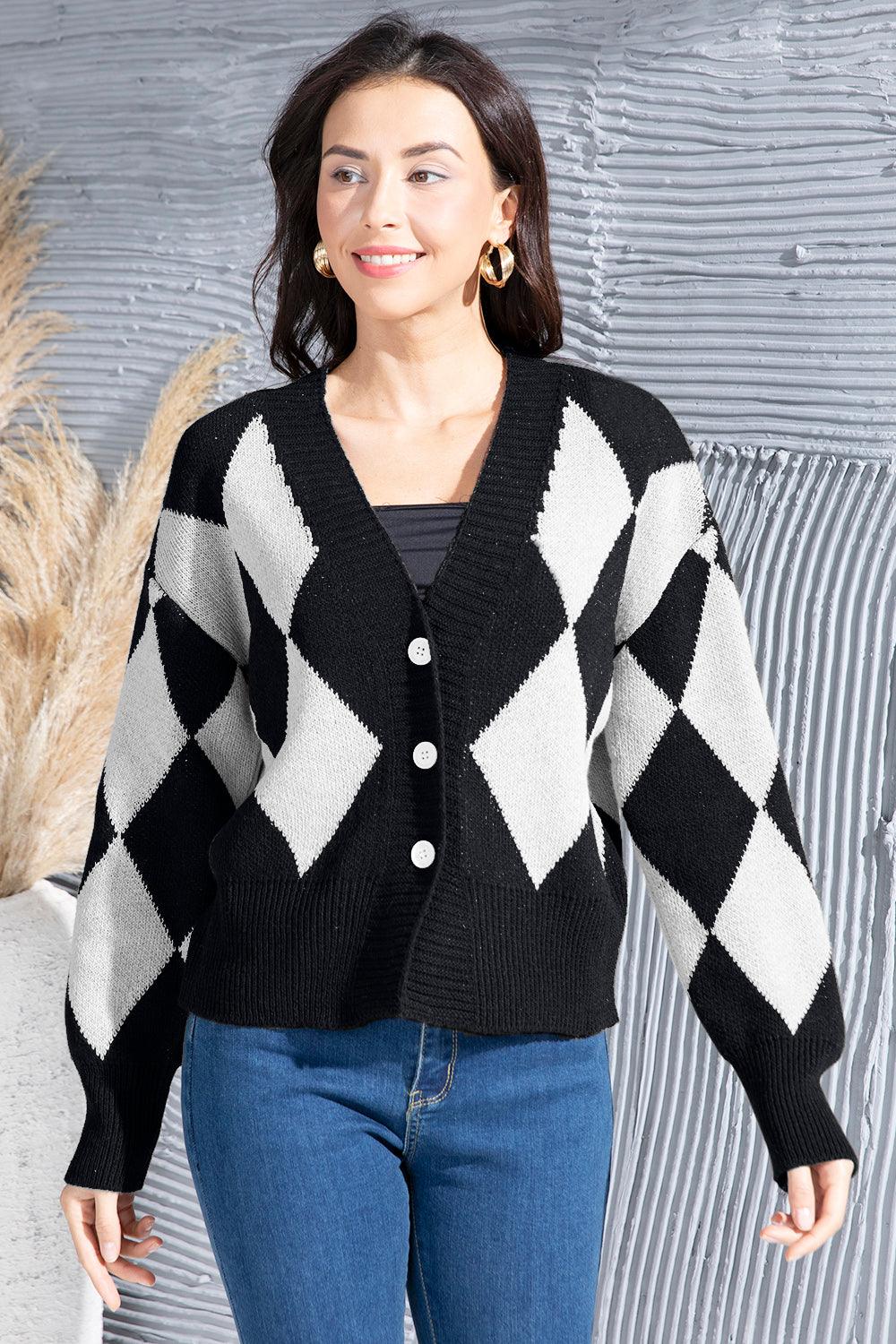 Geometric Button Up Dropped Shoulder Cardigan Carauana Store