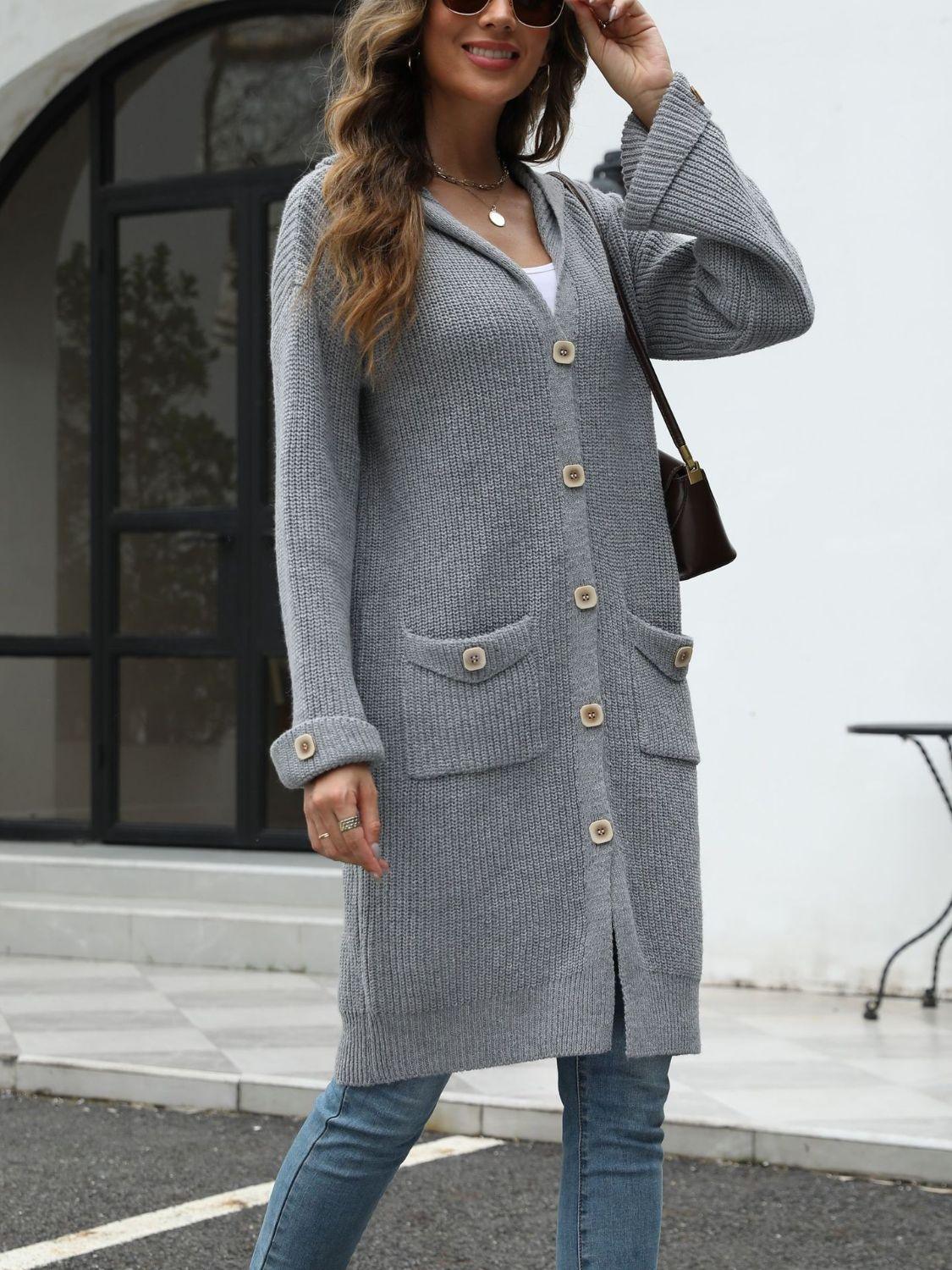 Pocketed Button Up Long Sleeve Hooded Cardigan Carauana Store