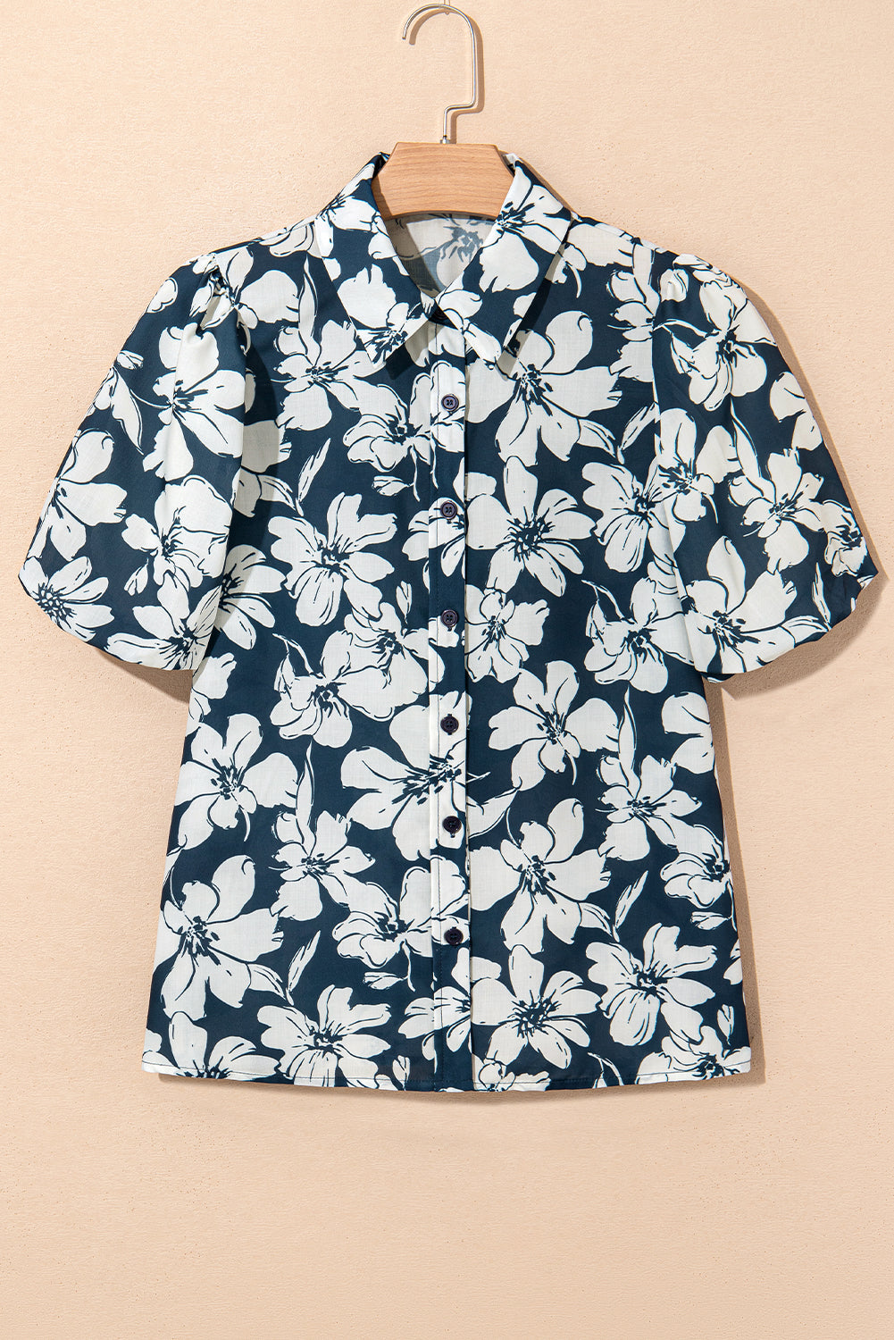 Blue Floral Short Puff Sleeve Summer Shirt