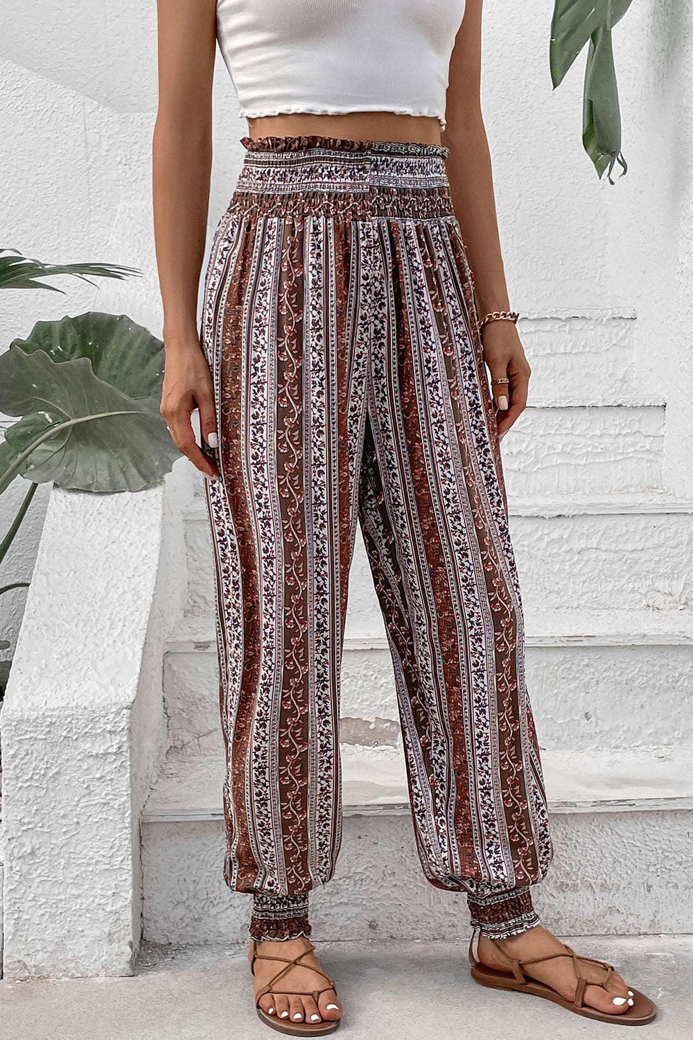 Smocked Printed High Waist Pants Carauana Store