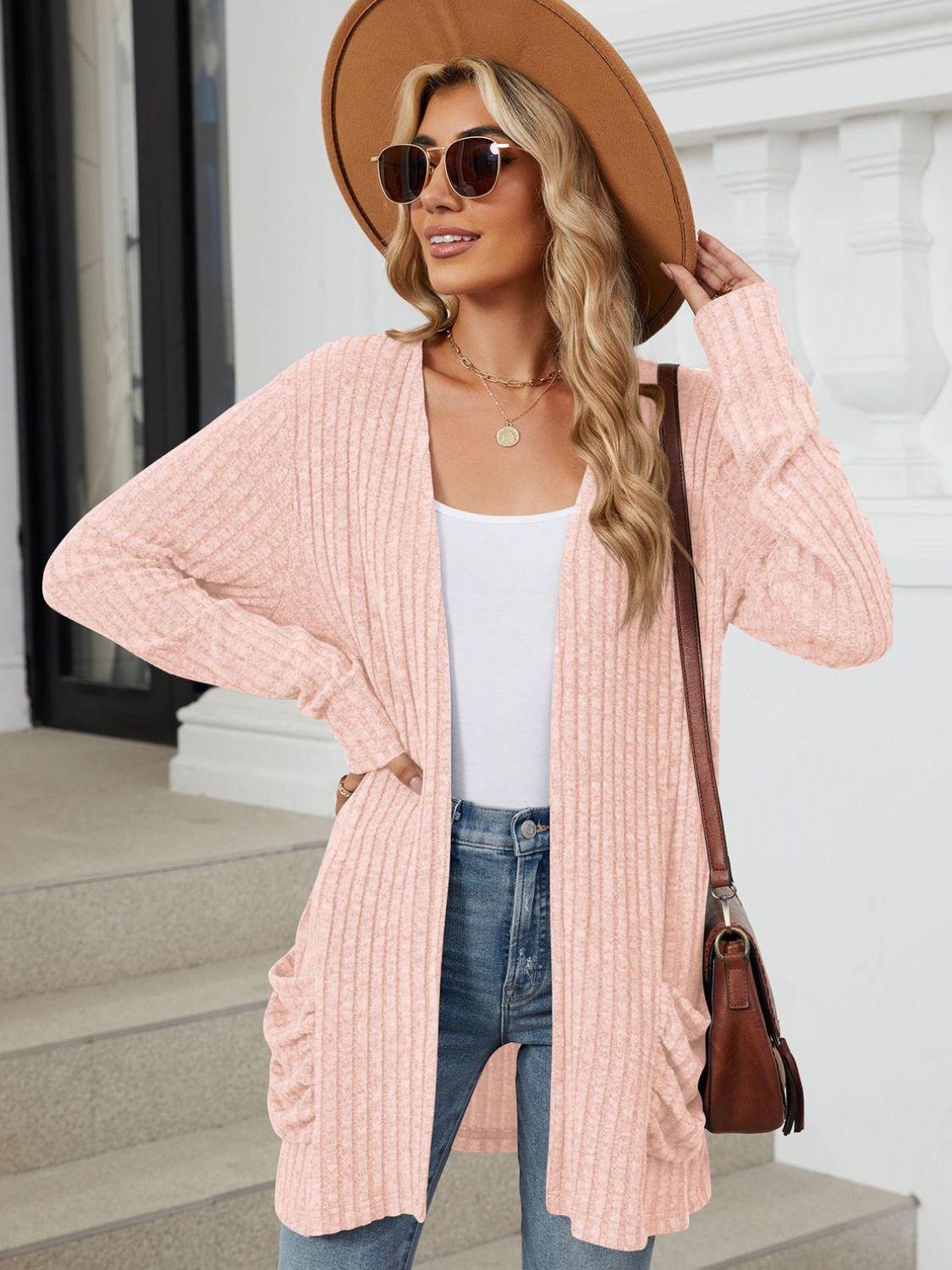 Pocketed Open Front Long Sleeve Cardigan Carauana Store