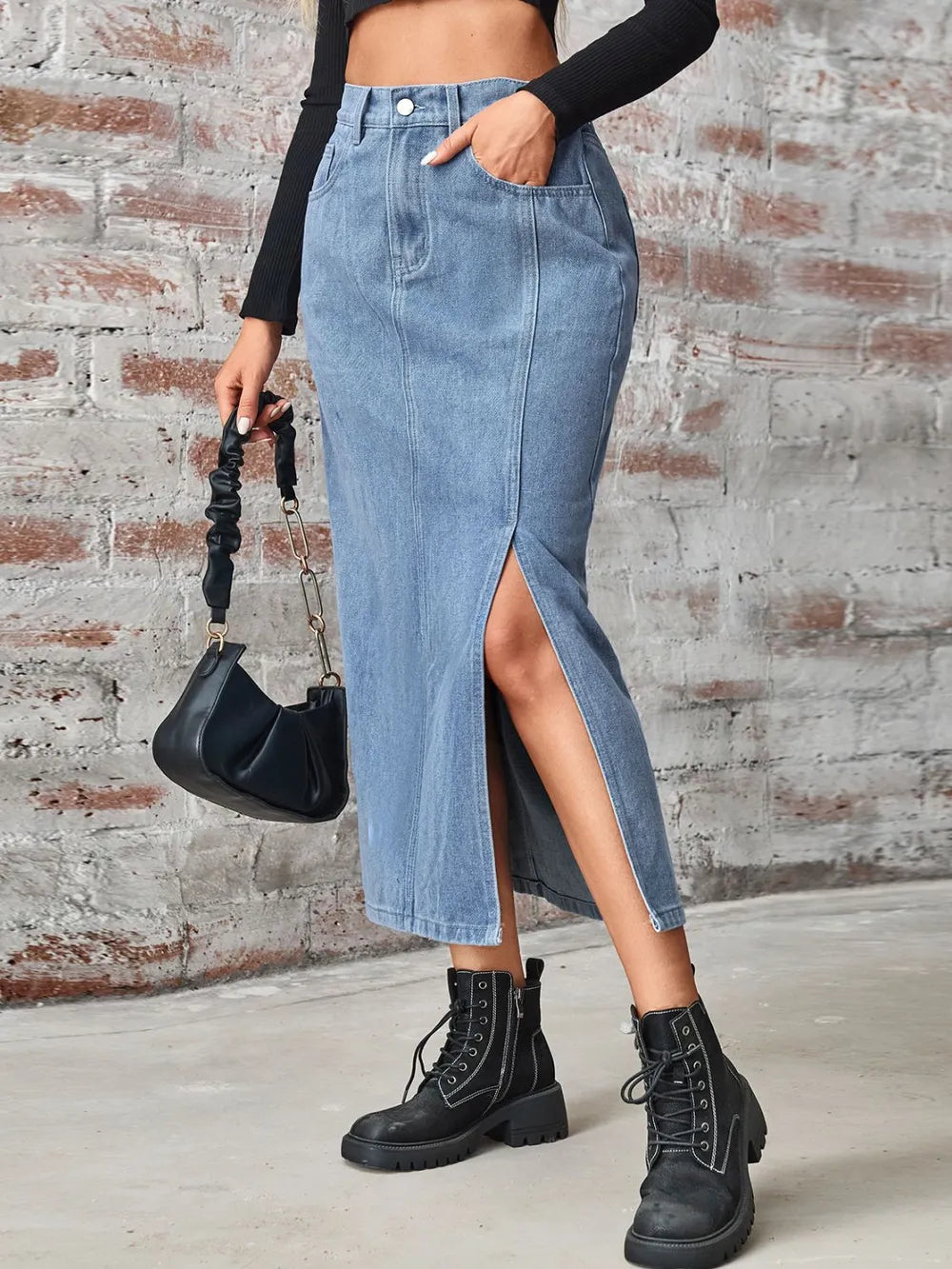 Slit High Waist Denim Skirt with Pockets Carauana Store