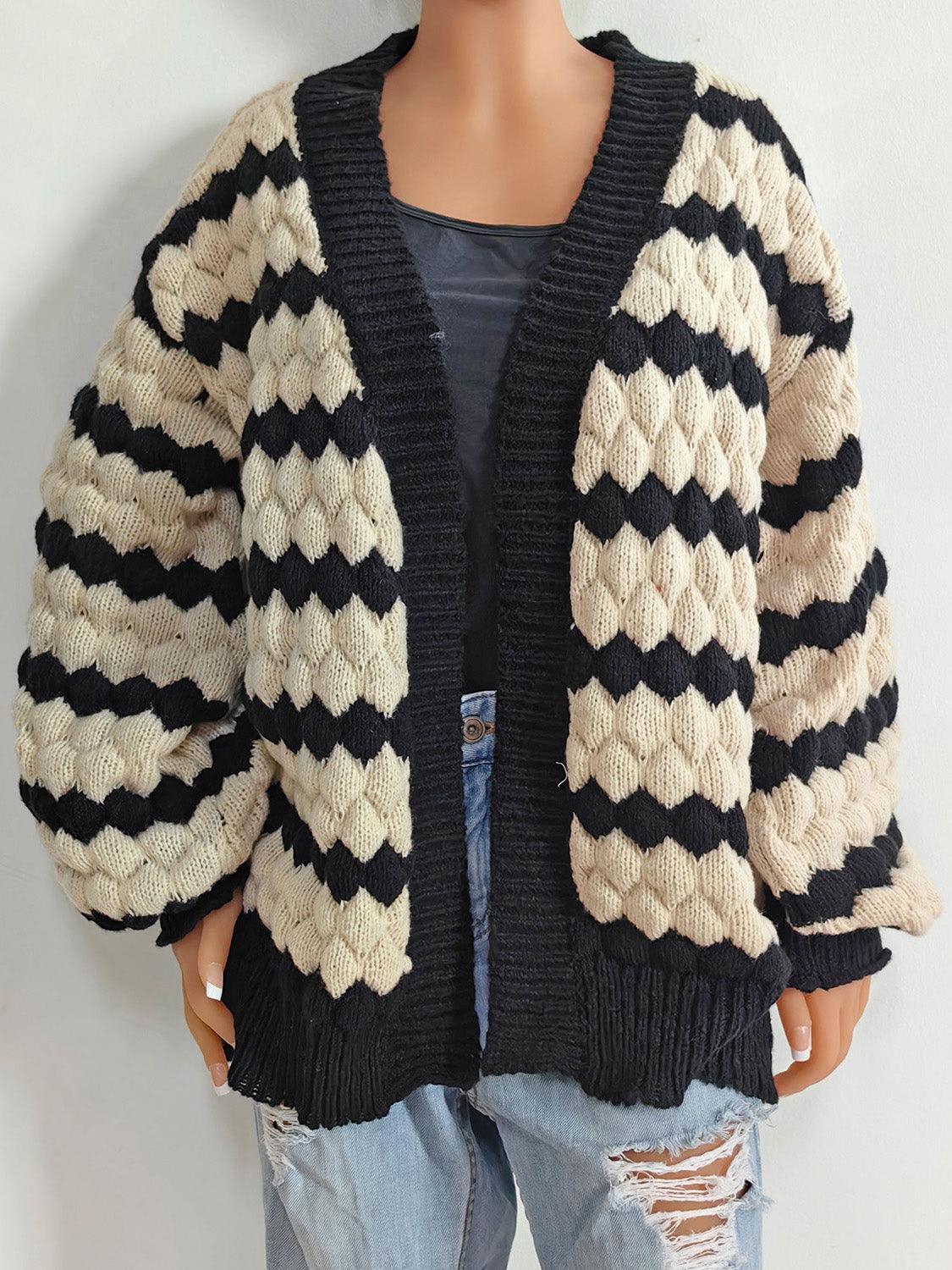 Striped Contrast Open Front Long Sleeve Cardigan Carauana Store