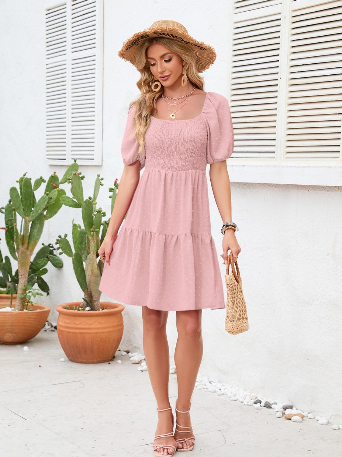 Swiss Dot Smocked Square Neck Dress Carauana Store