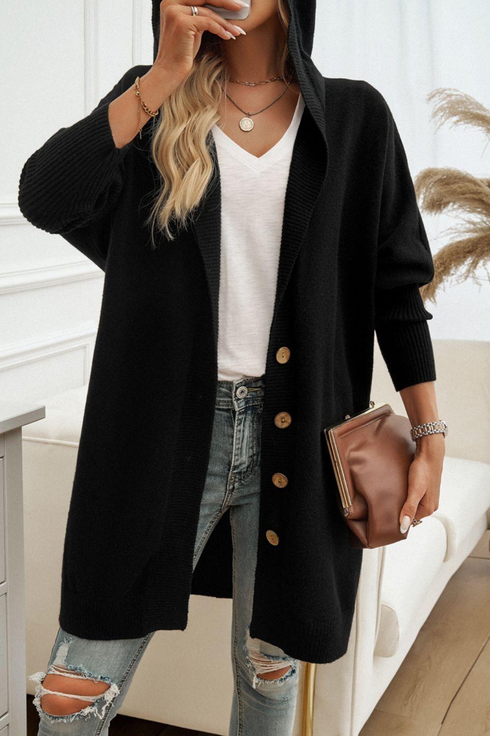 Devine Button Up Long Sleeve Hooded Cardigan Carauana Store