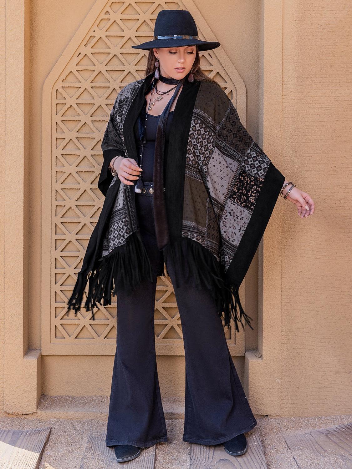 Plus Size Printed Fringe Open Front Outerwear Carauana Store