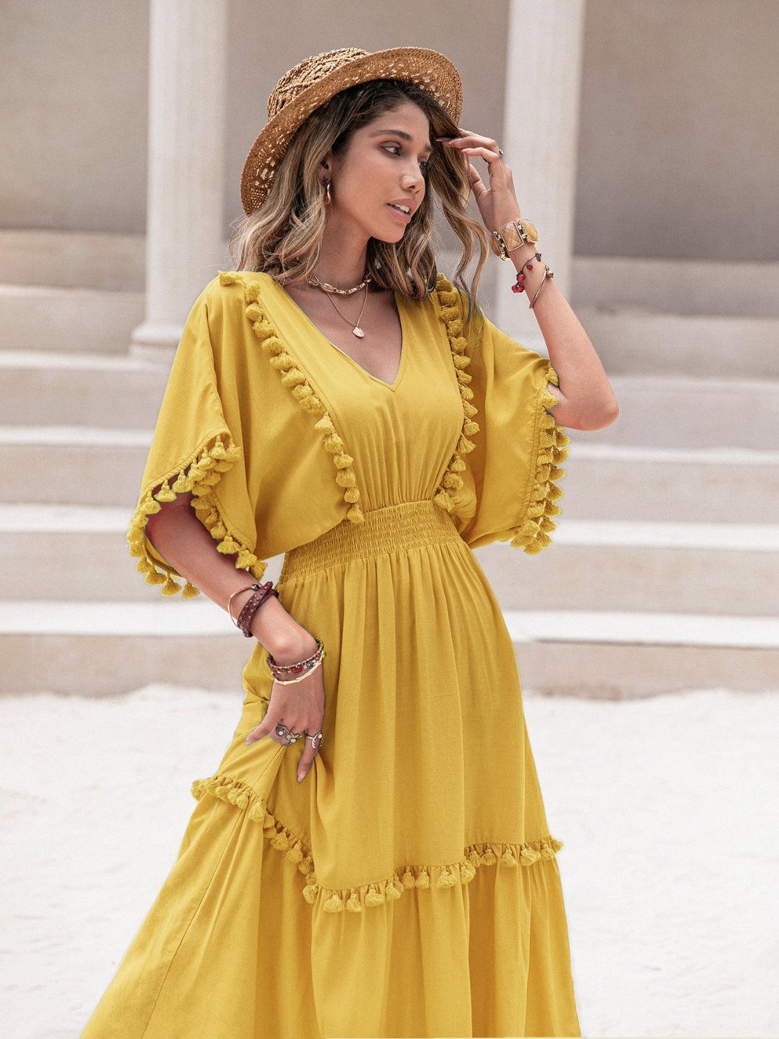 Tassel Trim Smocked V-Neck Short Sleeve Dress Carauana Store