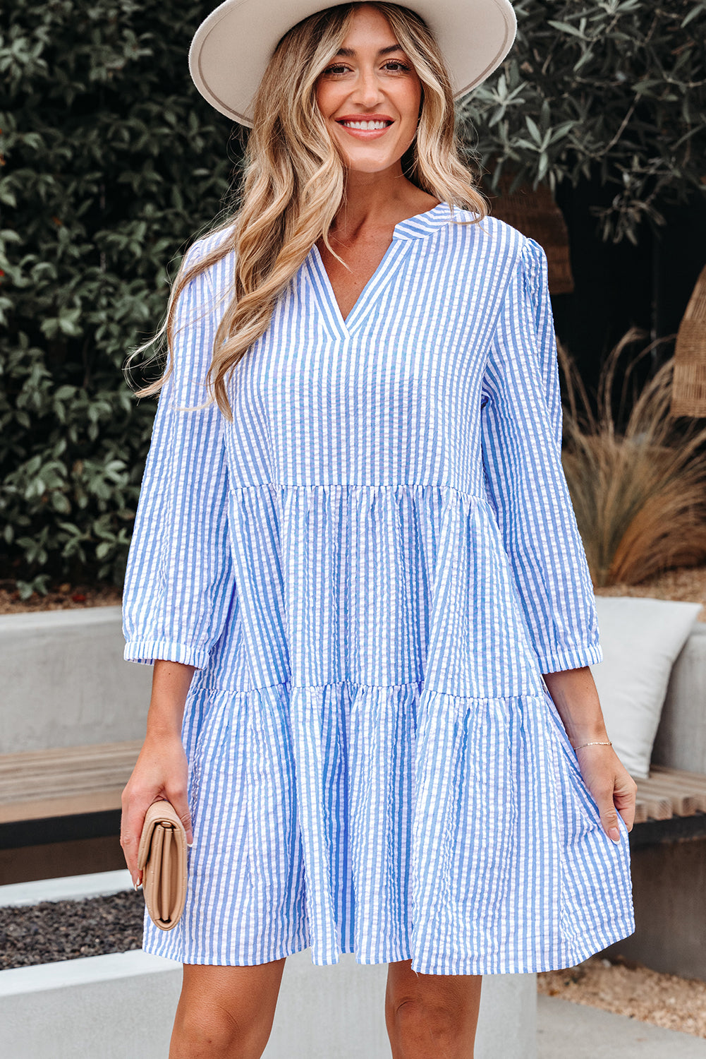 Sky Blue Stripe Bracelet Sleeve Tiered Shift Dress with Pockets