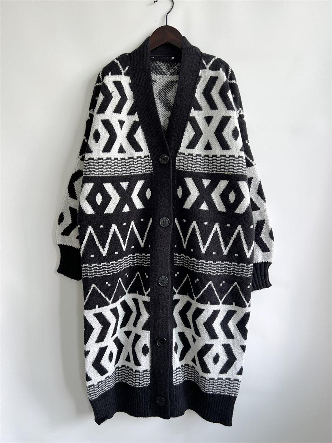 Geometric Button Front Longline Cardigan Carauana Store