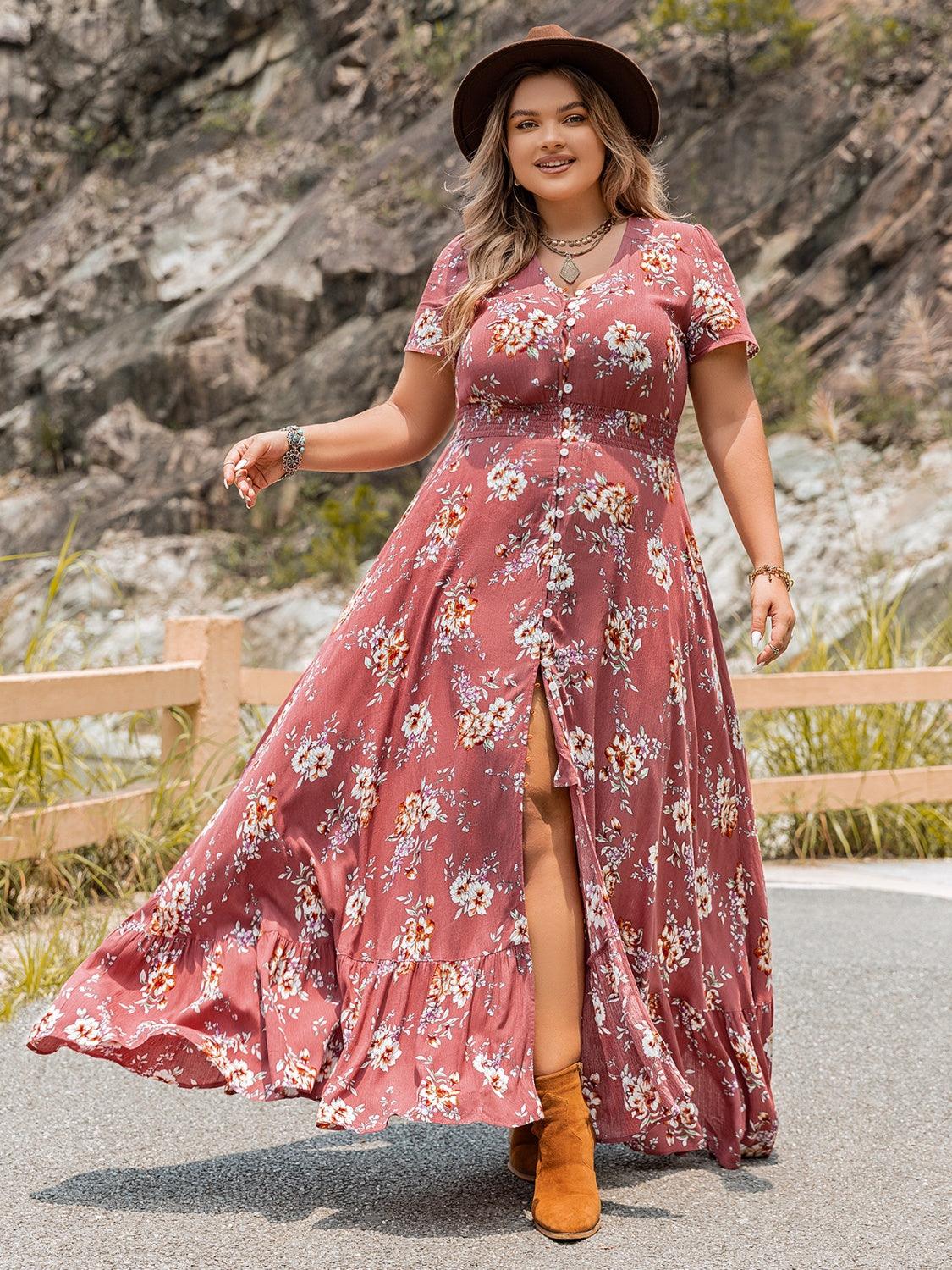 Plus Size Floral Slit Ruffle Hem Dress Carauana Store