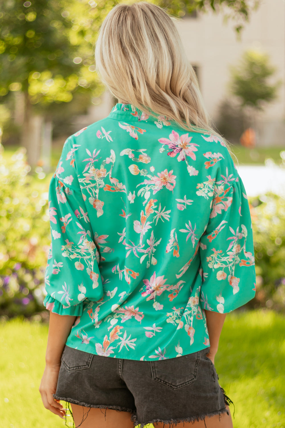 Green Floral Lantern Sleeve Button Front Shirt