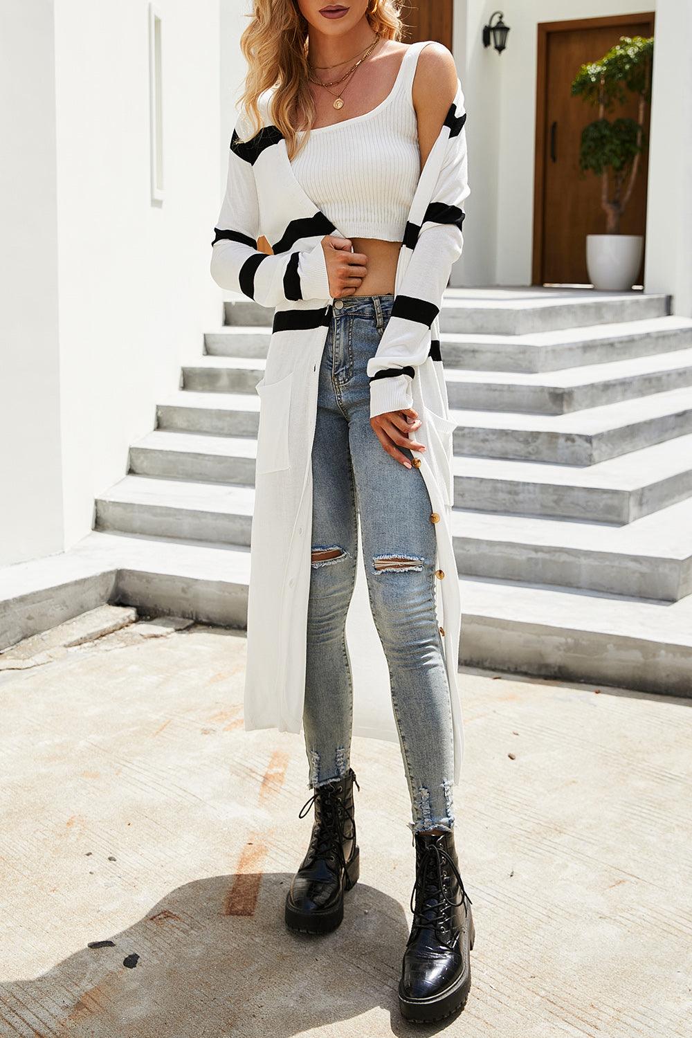 Pocketed Striped Button Up Cardigan Carauana Store