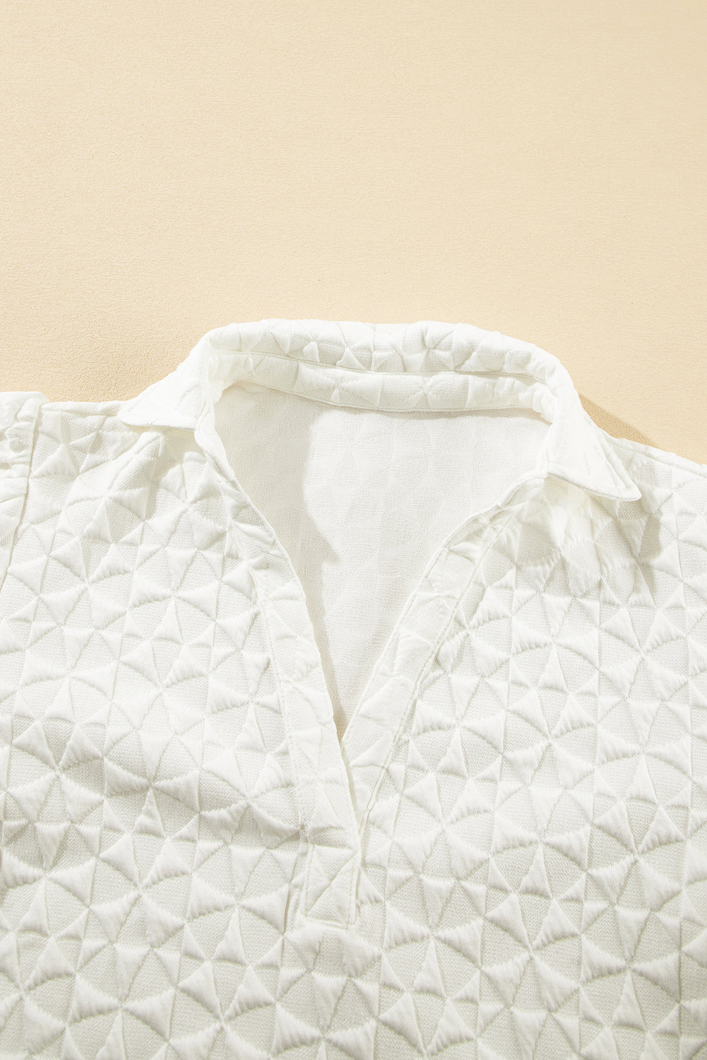 White Textured Puff Half Sleeve Collared V Neck Top