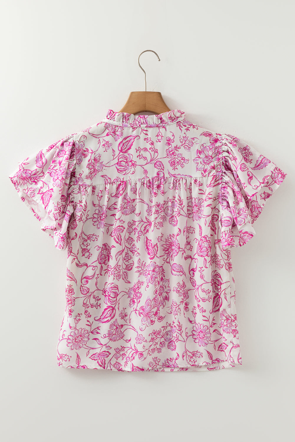 Pink Baroque Floral Ruffle Sleeve V Neck Blouse Top