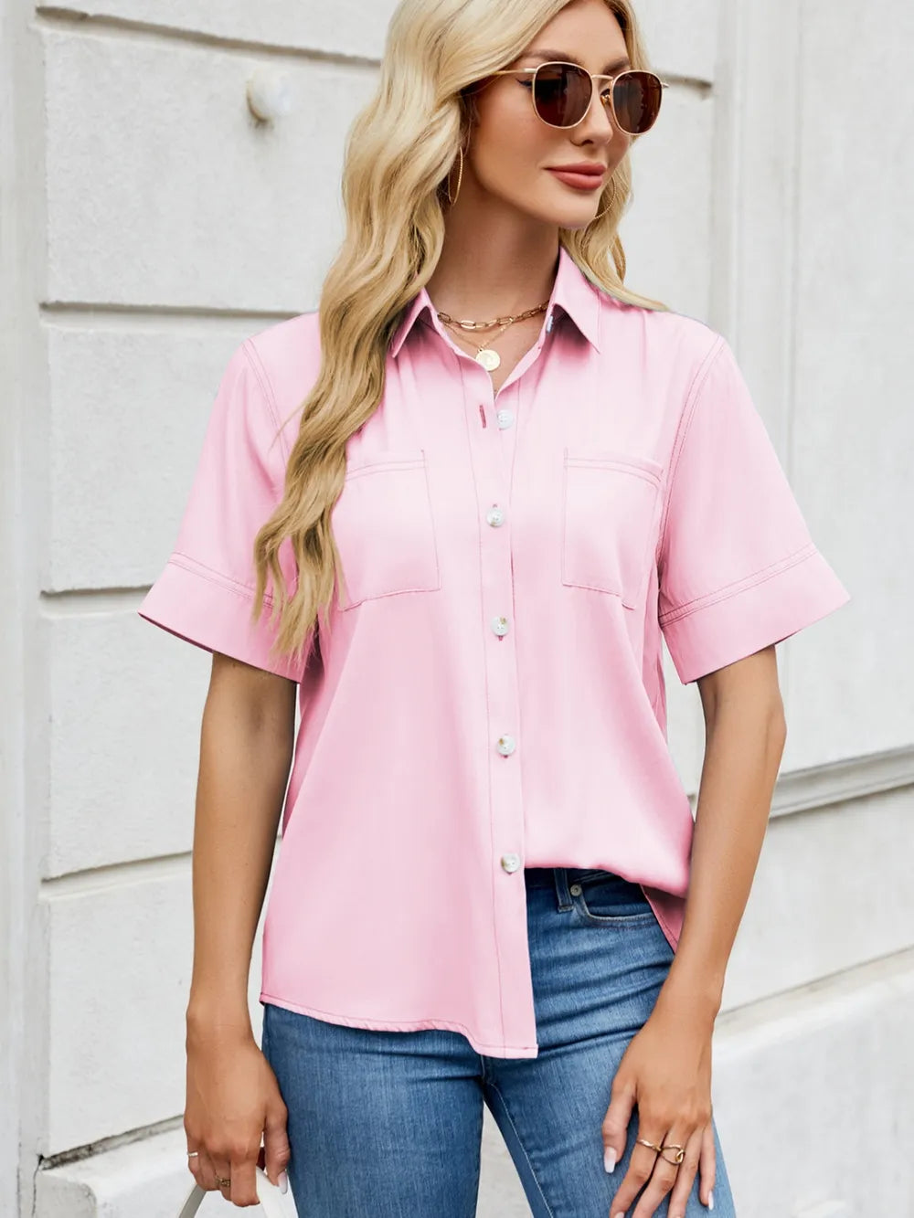Collared Neck Short Sleeve Shirt Carauana Store