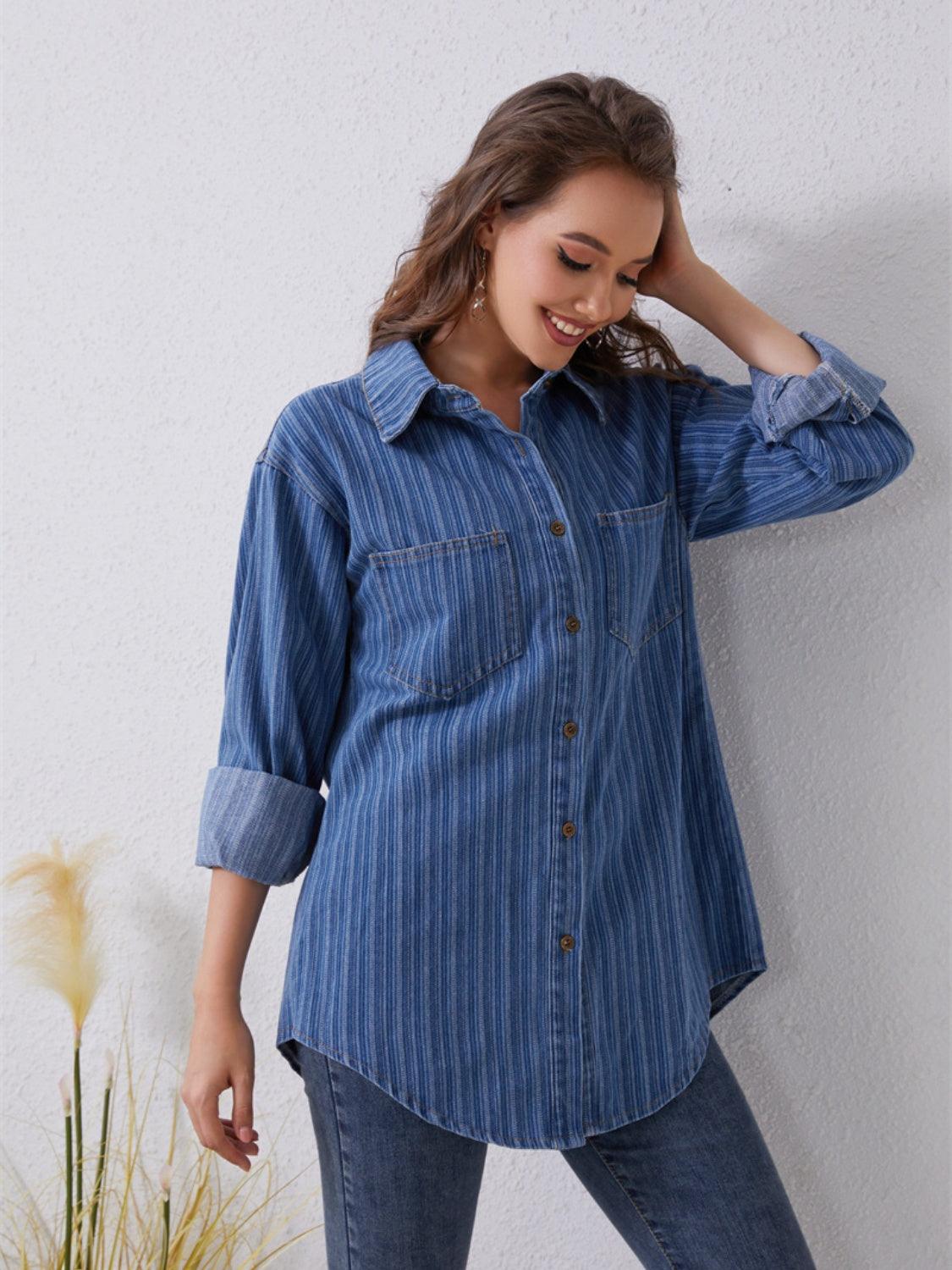 Pocketed Striped Button Up Denim Shirt Carauana Store