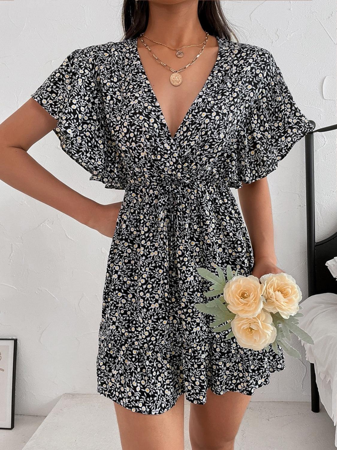 Cutout Ditsy Floral Surplice Flounce Sleeve Dress Carauana Store