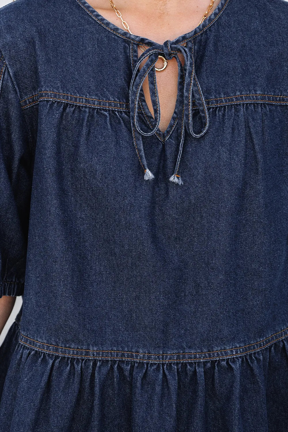 Tie Neck Babydoll Denim Top
