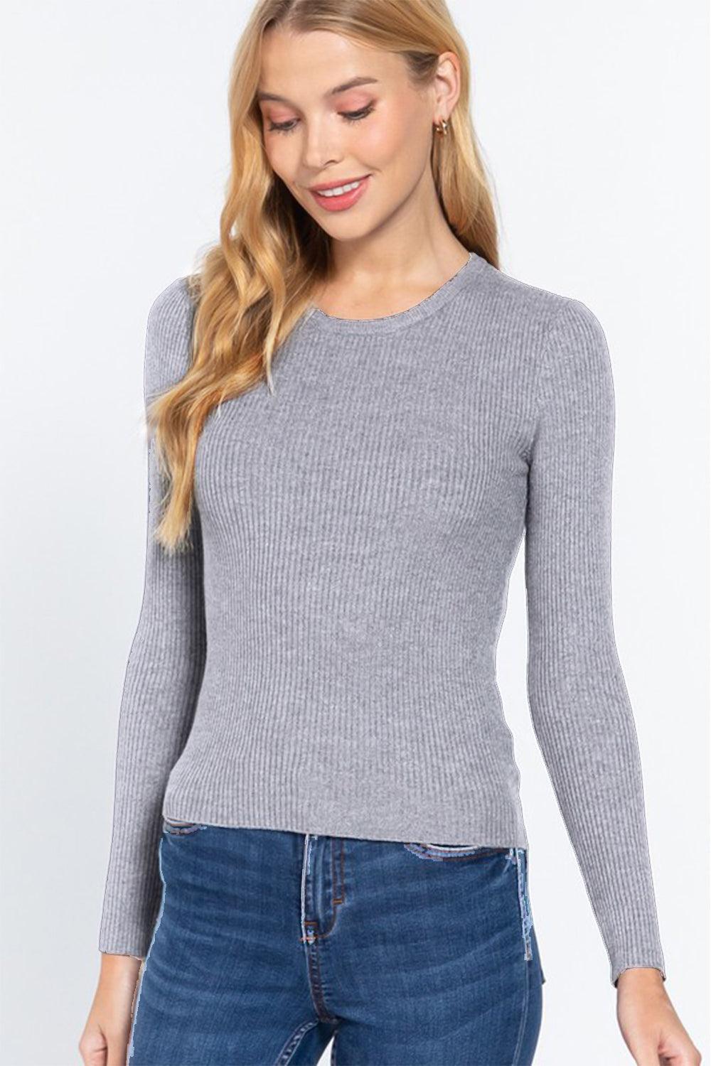 ACTIVE BASIC Full Size Ribbed Round Neck Long Sleeve Knit Top Carauana Store