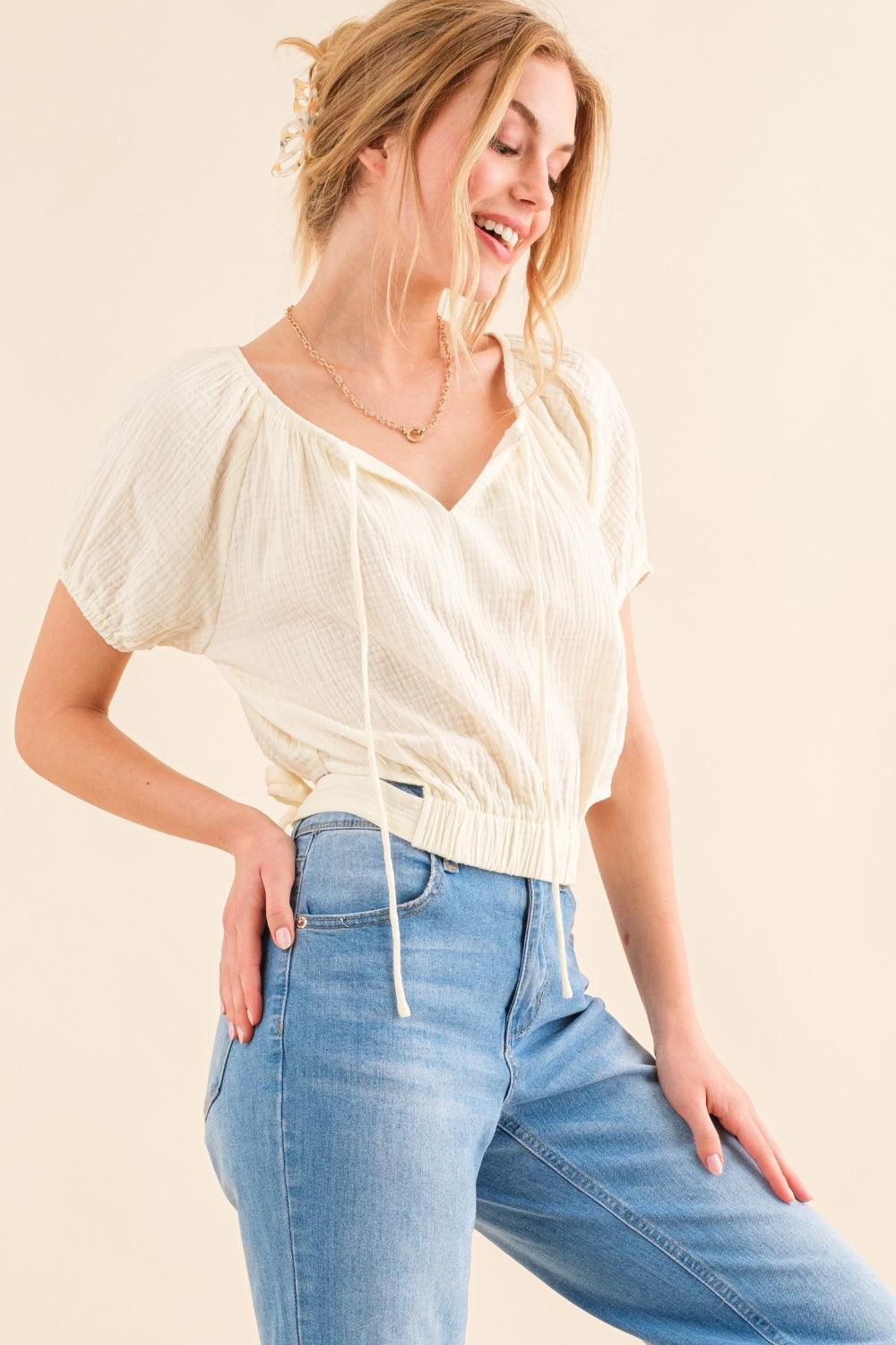 And The Why Back Waist Tie Cropped Blouse Carauana Store
