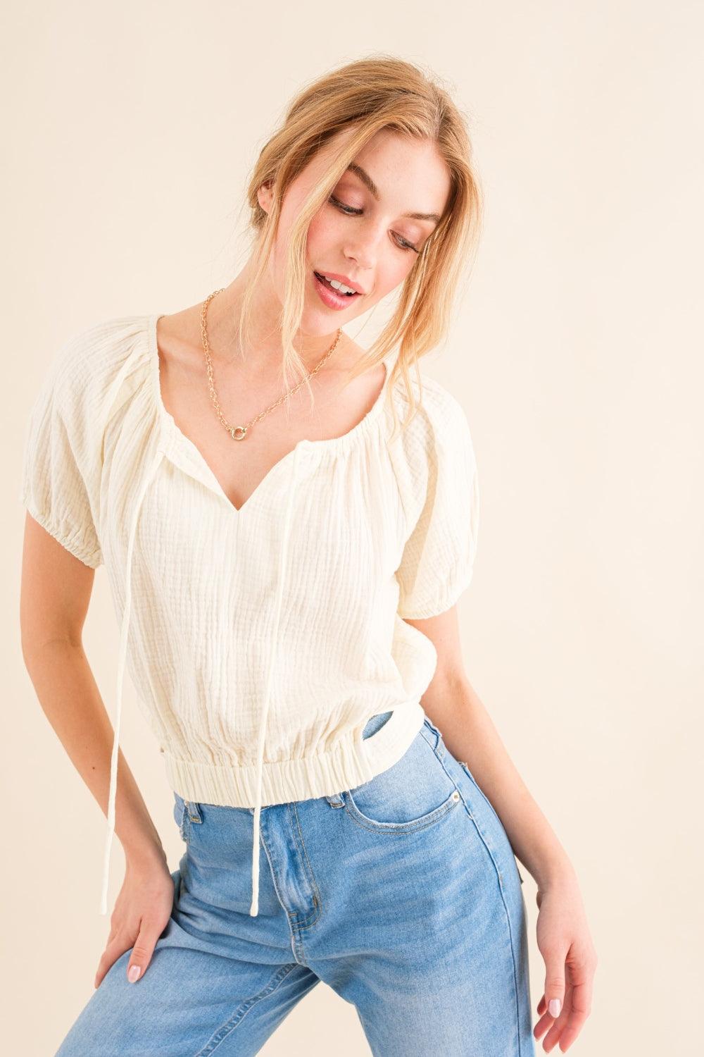 And The Why Back Waist Tie Cropped Blouse Carauana Store