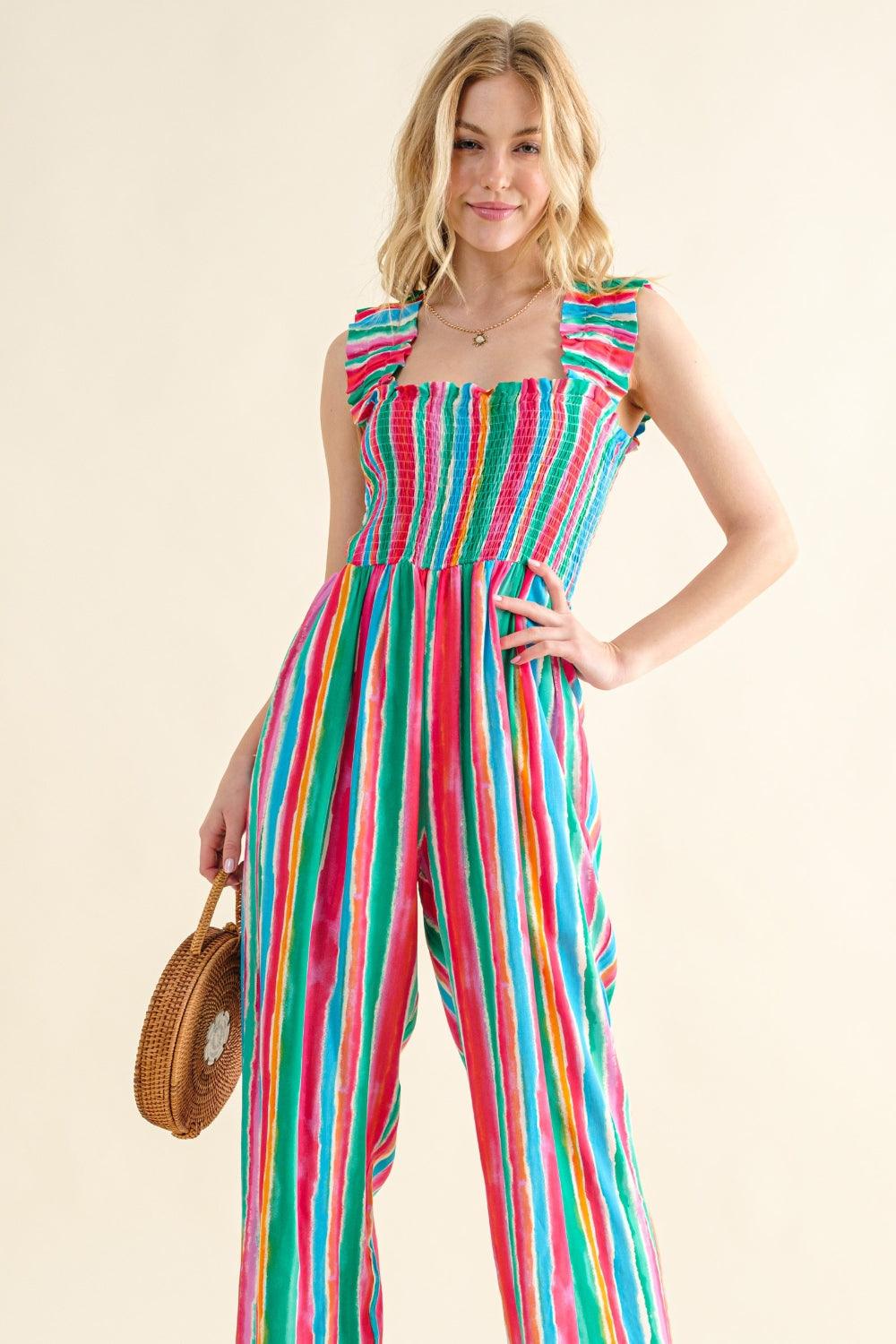 And The Why Full Size Striped Smocked Sleeveless Jumpsuit Carauana Store