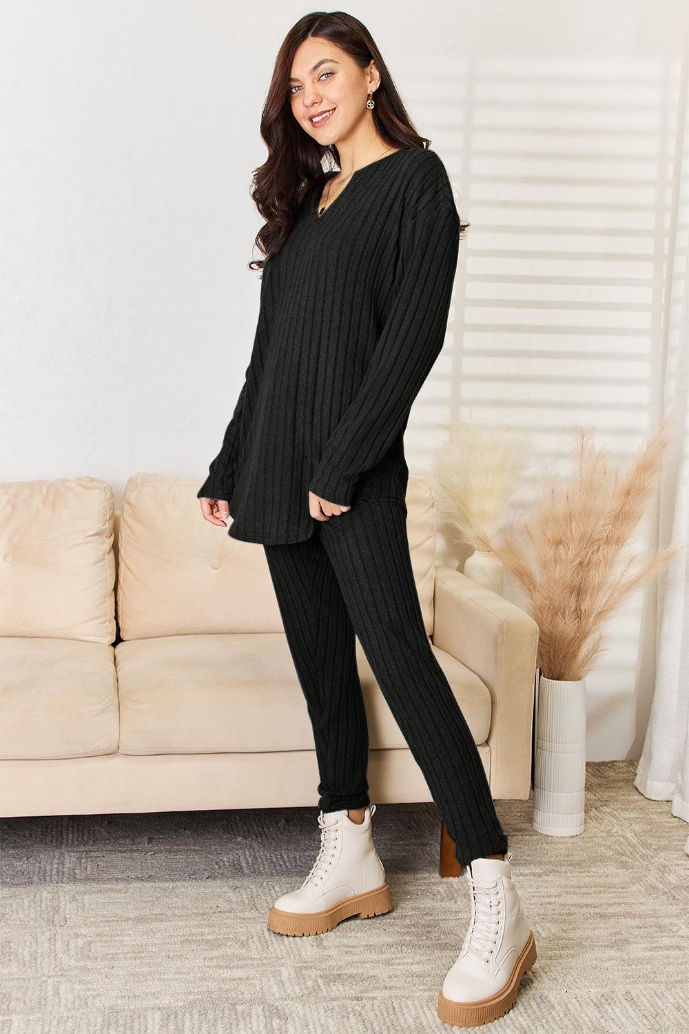 Basic Bae Full Size Notched Long Sleeve Top and Pants Set Carauana Store