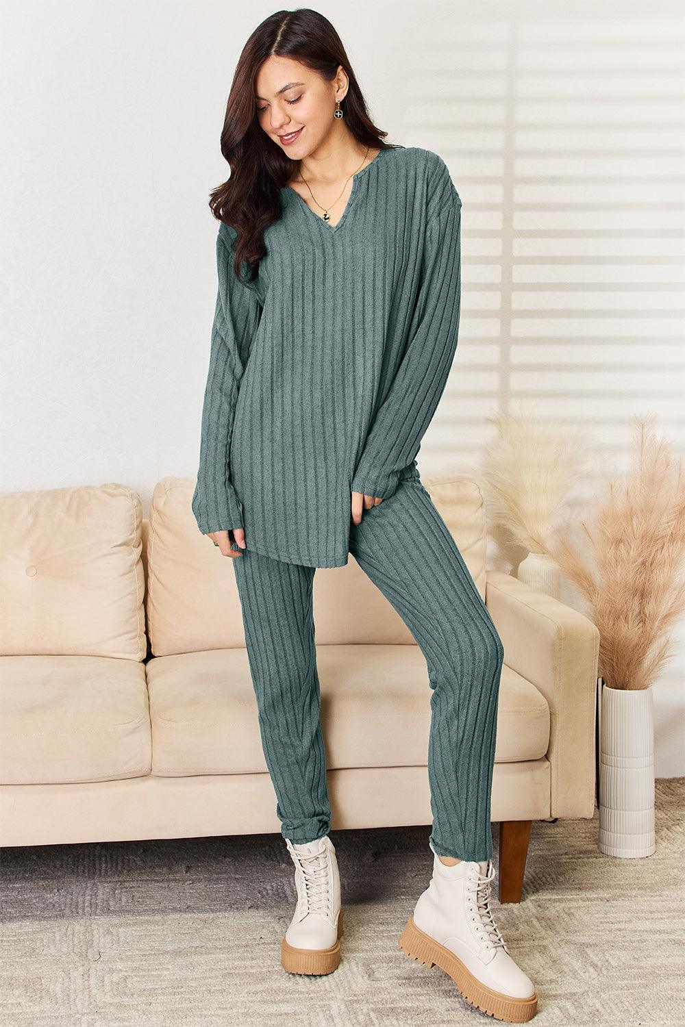 Basic Bae Full Size Notched Long Sleeve Top and Pants Set Carauana Store