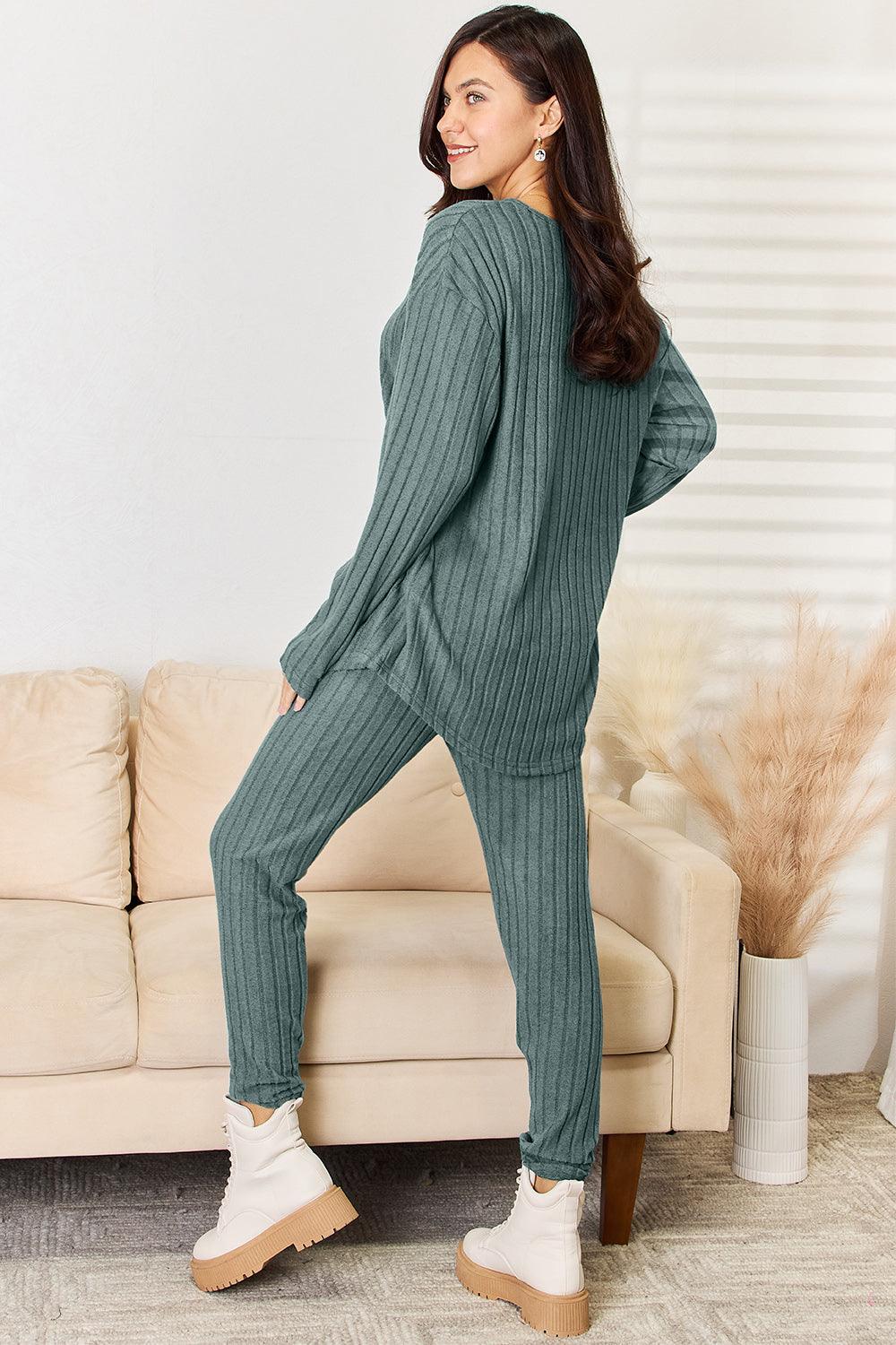 Basic Bae Full Size Notched Long Sleeve Top and Pants Set Carauana Store