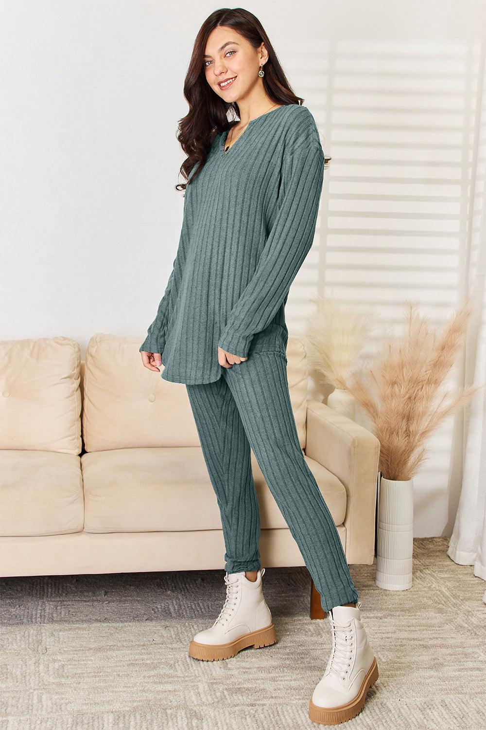 Basic Bae Full Size Notched Long Sleeve Top and Pants Set Carauana Store