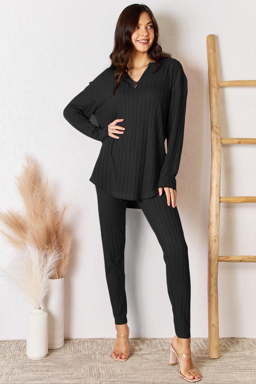 Basic Bae Full Size Notched Long Sleeve Top and Pants Set Carauana Store
