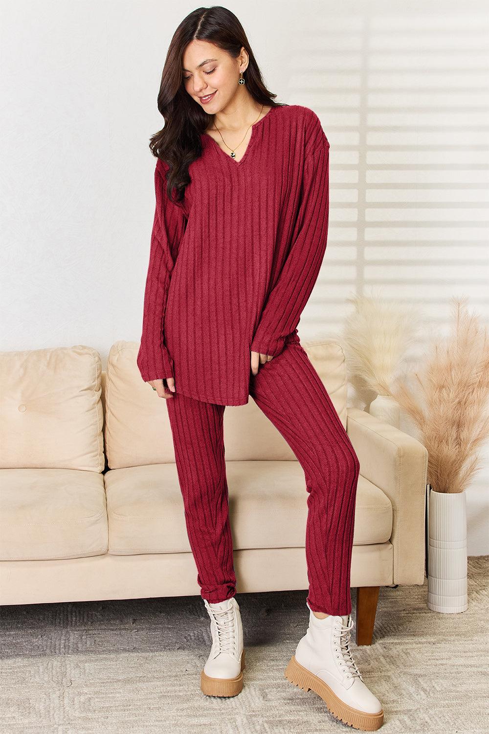 Basic Bae Full Size Notched Long Sleeve Top and Pants Set Carauana Store