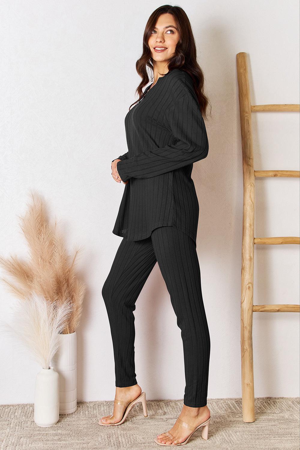 Basic Bae Full Size Notched Long Sleeve Top and Pants Set Carauana Store