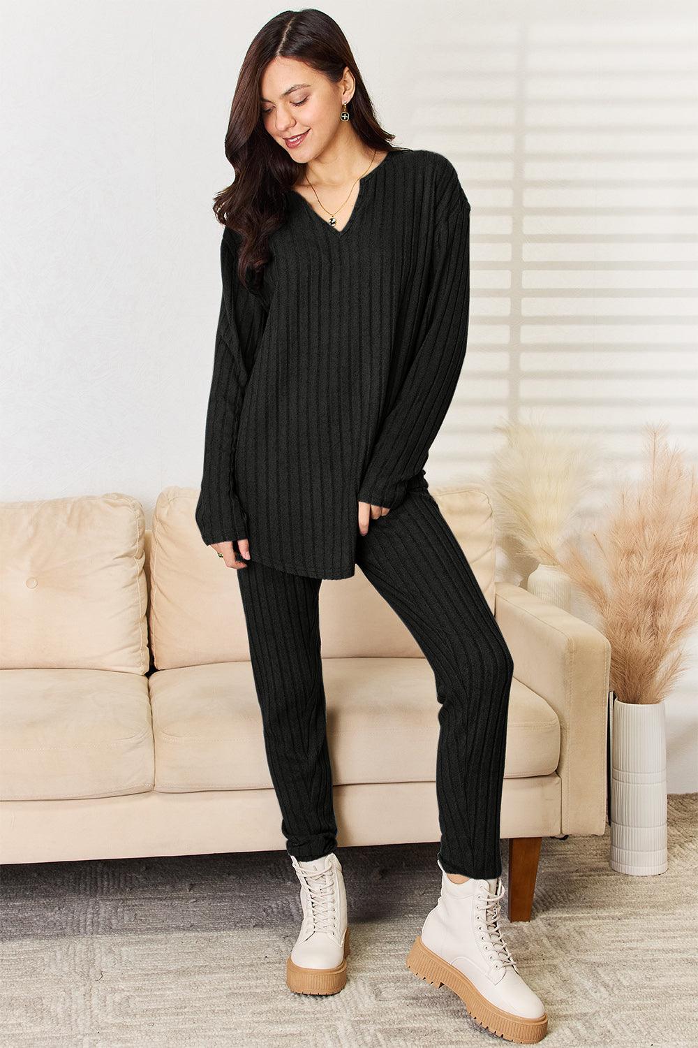 Basic Bae Full Size Notched Long Sleeve Top and Pants Set Carauana Store