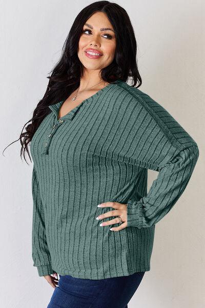 Basic Bae Full Size Ribbed Half Button Long Sleeve Shirt Carauana Store