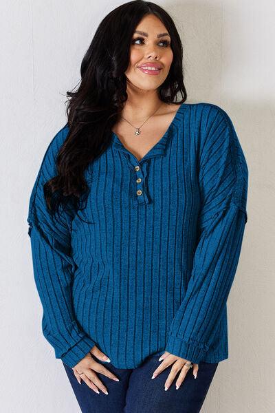 Basic Bae Full Size Ribbed Half Button Long Sleeve Shirt Carauana Store
