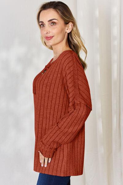 Basic Bae Full Size Ribbed Half Button Long Sleeve Shirt Carauana Store