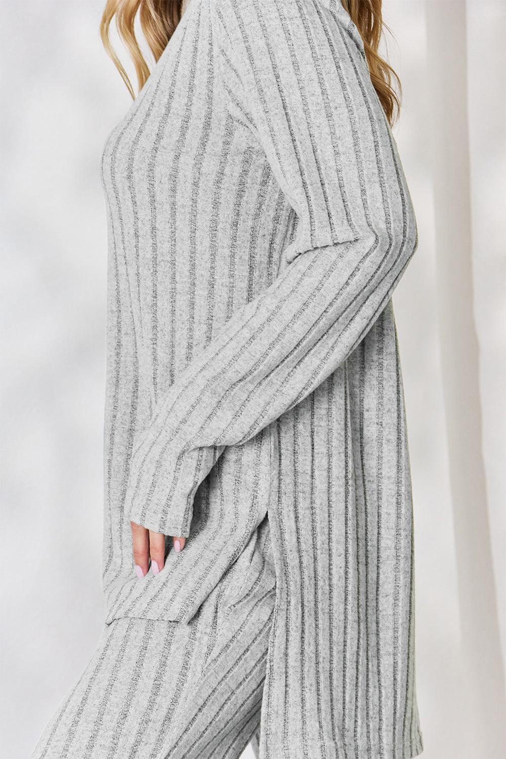 Basic Bae Full Size Ribbed High-Low Top and Wide Leg Pants Set Carauana Store