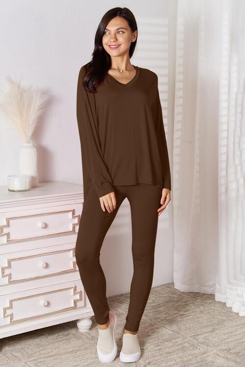 Basic Bae Full Size V-Neck Soft Rayon Long Sleeve Top and Pants Lounge Set Carauana Store