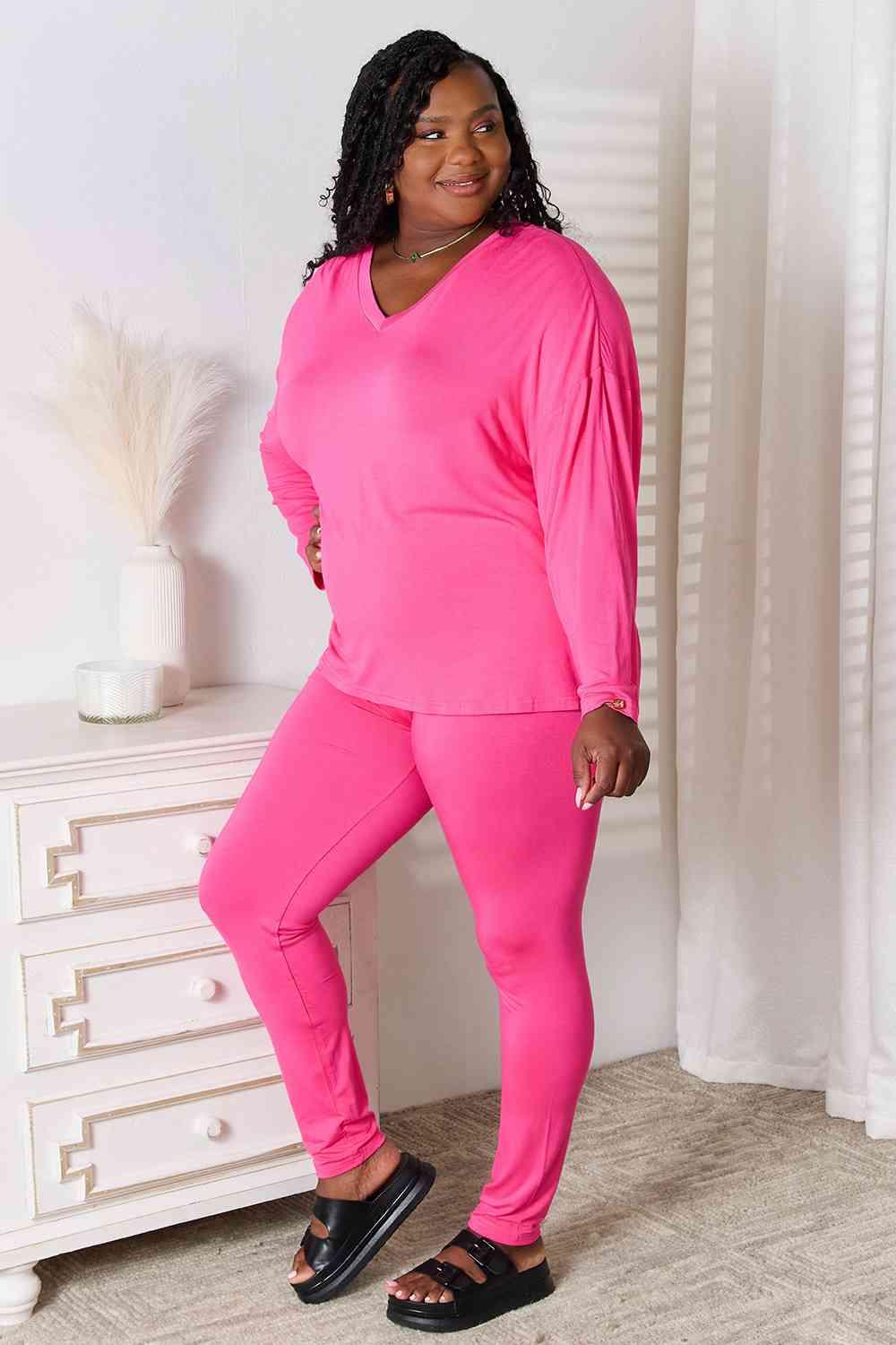 Basic Bae Full Size V-Neck Soft Rayon Long Sleeve Top and Pants Lounge Set Carauana Store