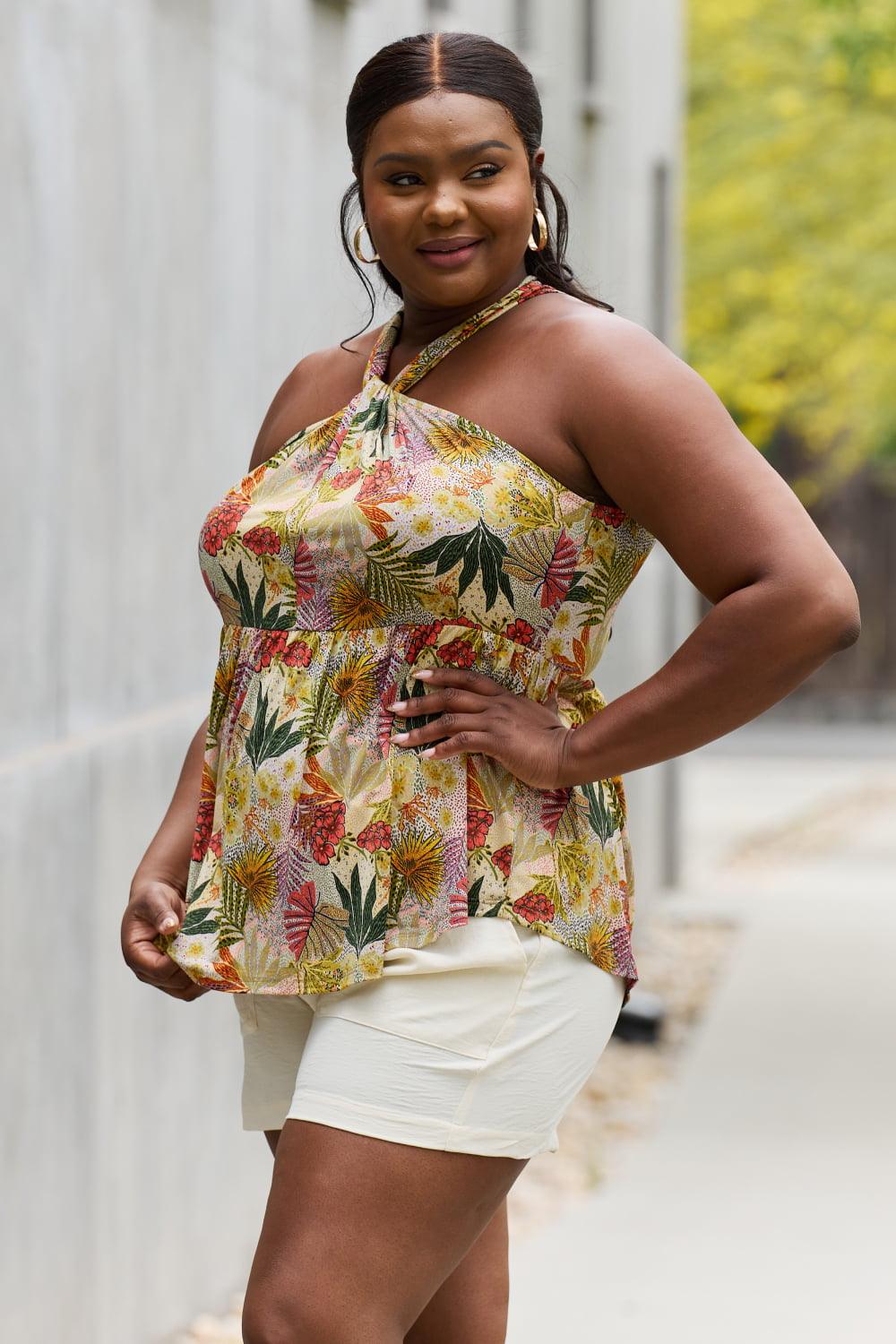 Be Stage Full Size Floral Halter Top in Green Carauana Store