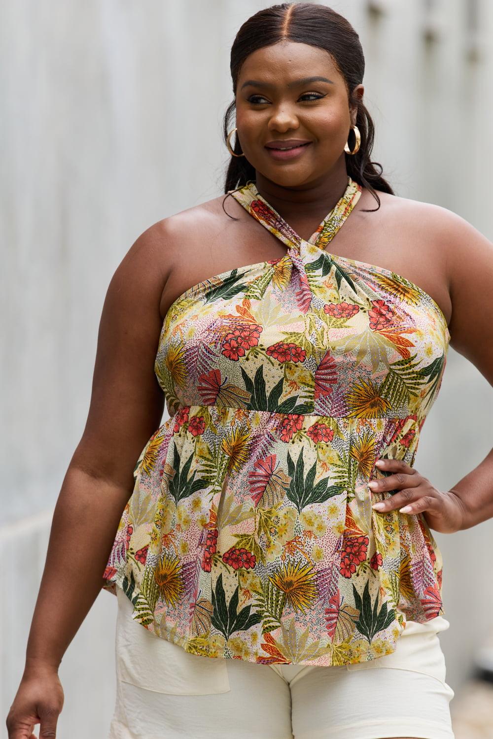 Be Stage Full Size Floral Halter Top in Green Carauana Store