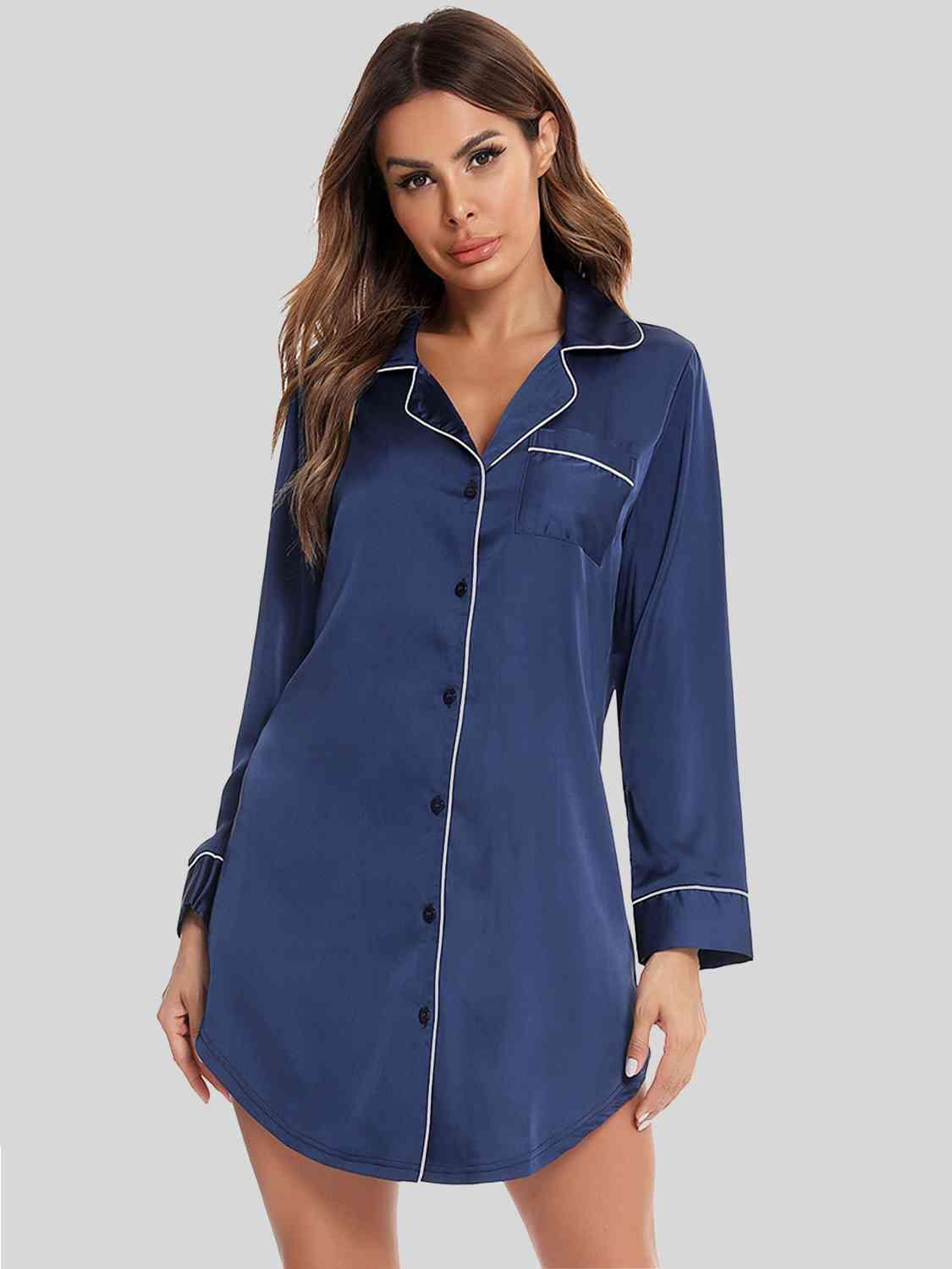 Button Up Lapel Collar Night Dress with Pocket Carauana Store